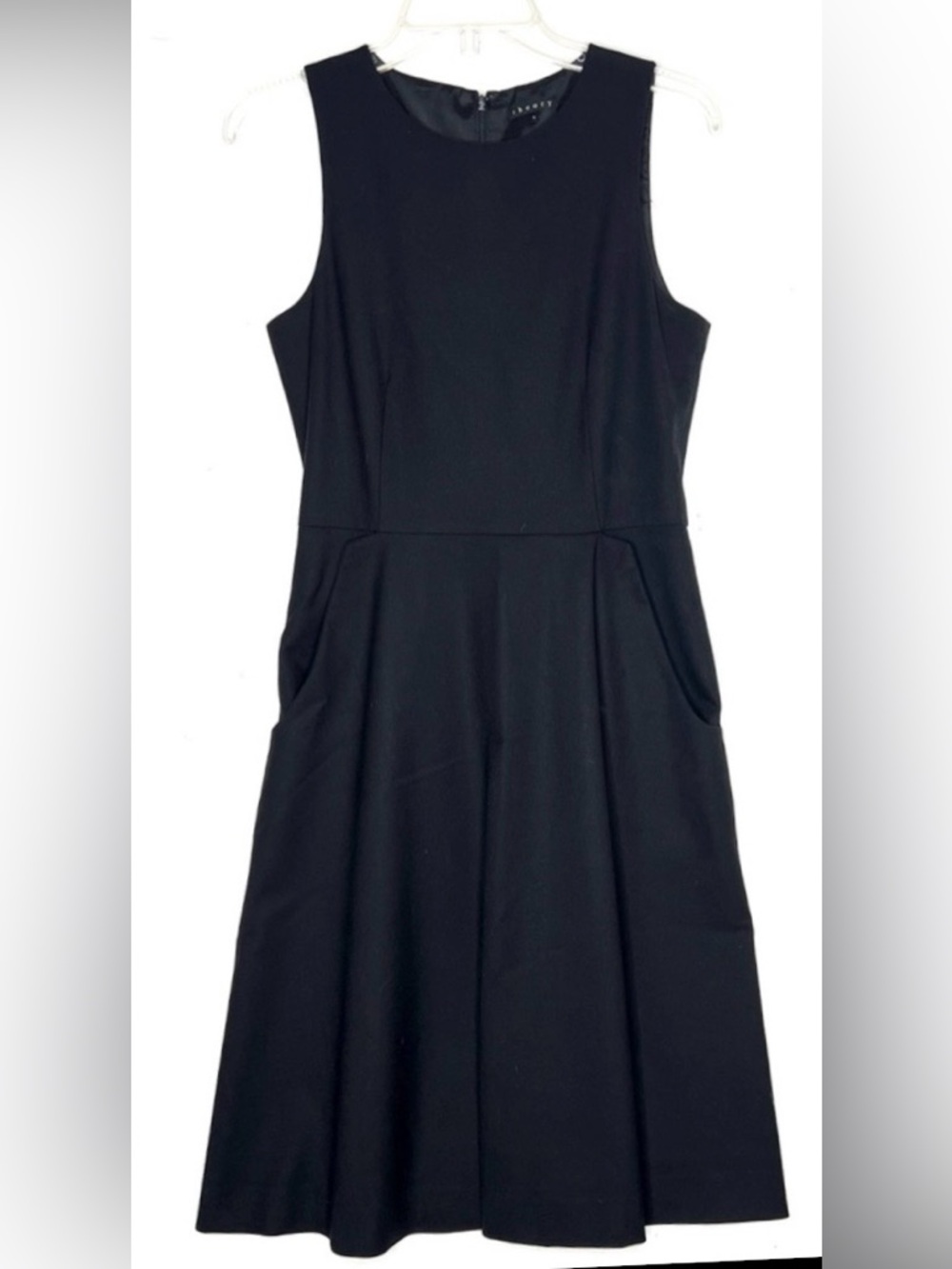 Theory Black Fit Flare Dress Womens Size 4 Wool Blend Sleeveless Pockets